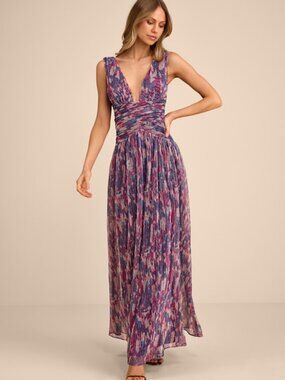 Lulus Evaluna Purple Abstract Print Lurex Pleated Maxi Dress - Size S
